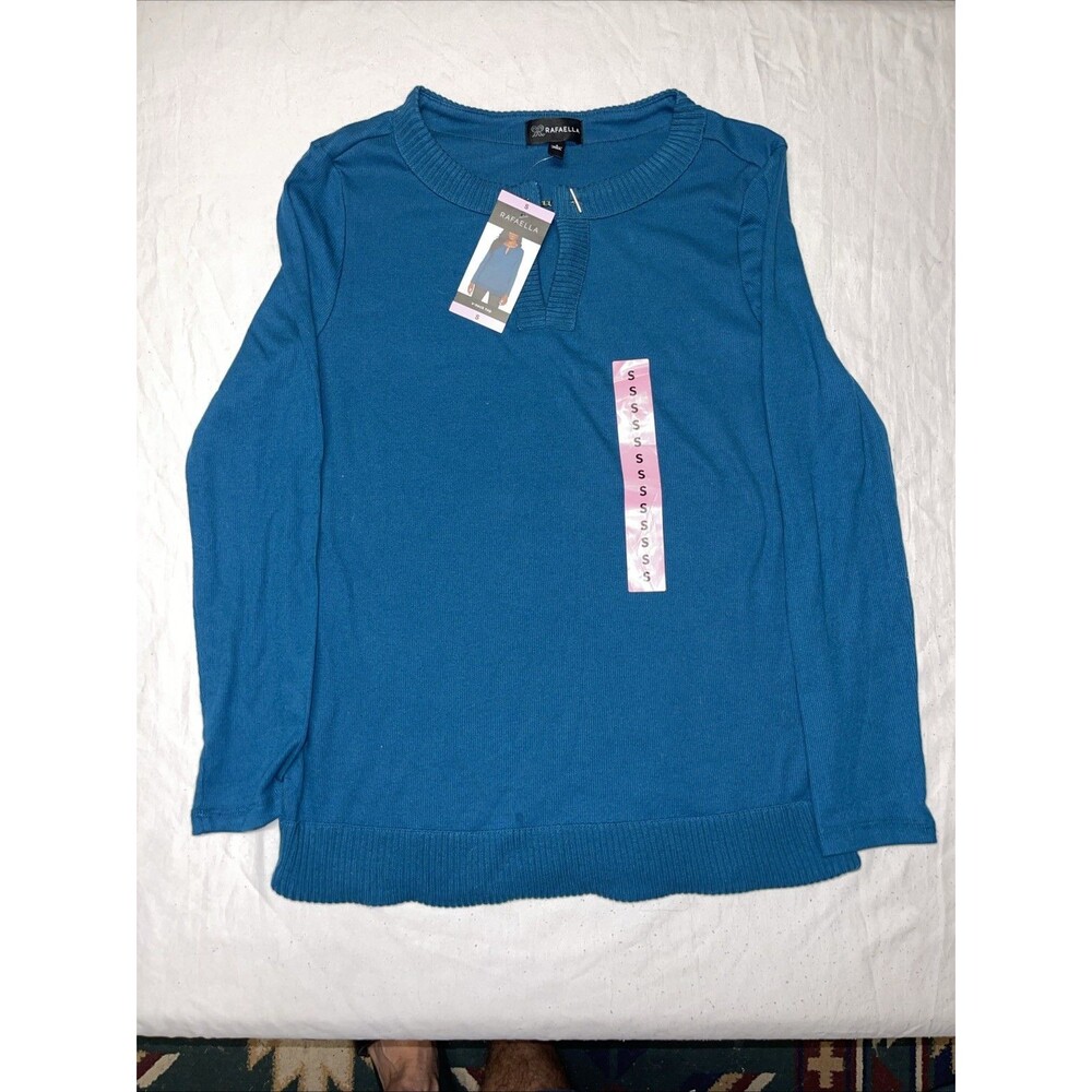 Rafaella Women’s Lyons Blue Rib Knit Long Sleeve Top Size Small Chain Detail